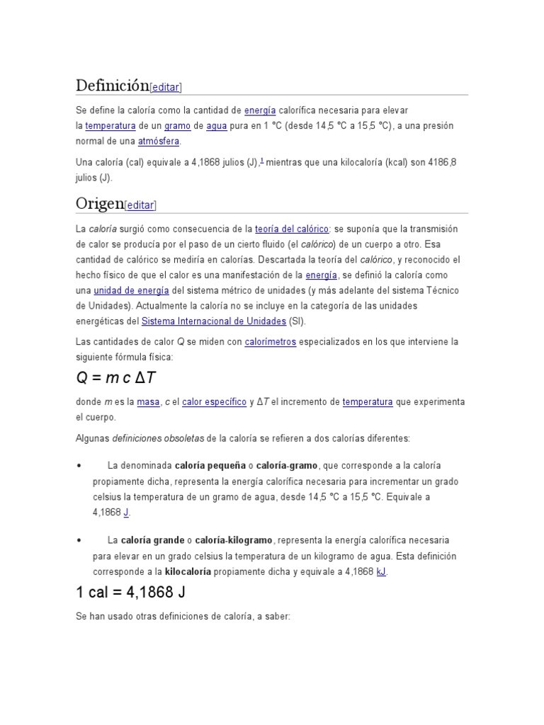 Caloria Definicion | PDF | Caloría | Ramas de la termodinámica