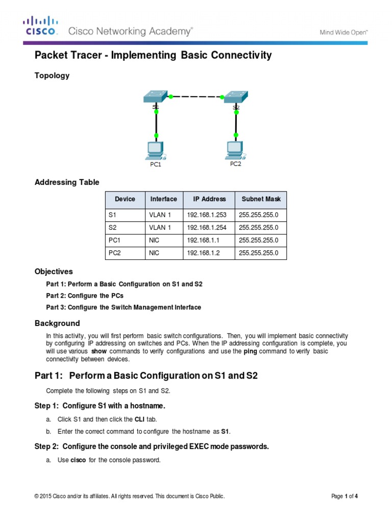 2.3.2.5 Packet Tracer - Implementing Basic Connectivity | PDF | Ip ...
