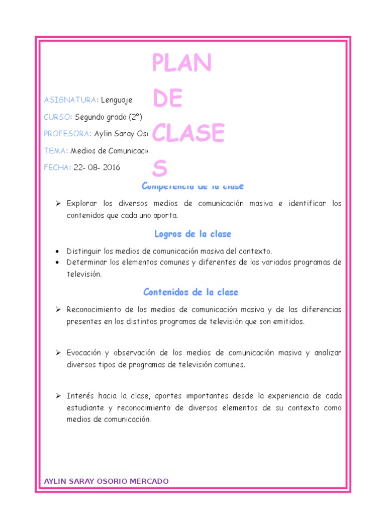 Plan De Clase De Lenguaje Y Comunicacion Variaciones Clase