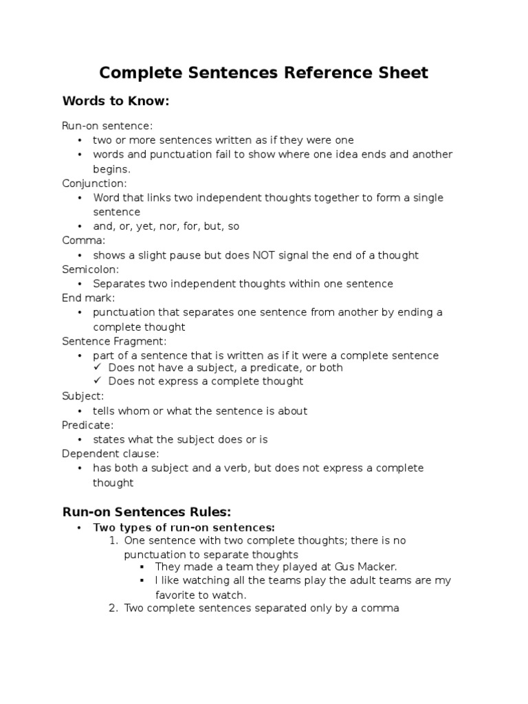 Complete Sentences Reference Sheet Sentence (Linguistics) English Grammar