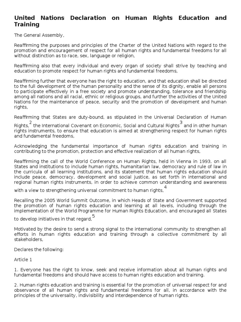 United Nations Declaration On Human Rights Education and Training | PDF ...