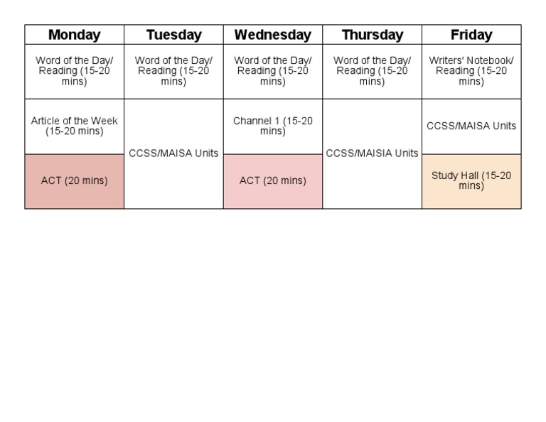 Weekly Reading and Writing Schedule | PDF | Language Arts & Discipline ...
