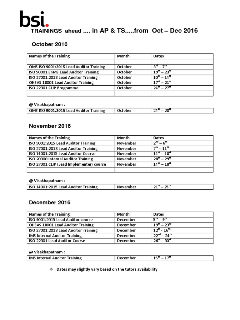 BSI Training Calender Oct Dec 2016 PDF Business