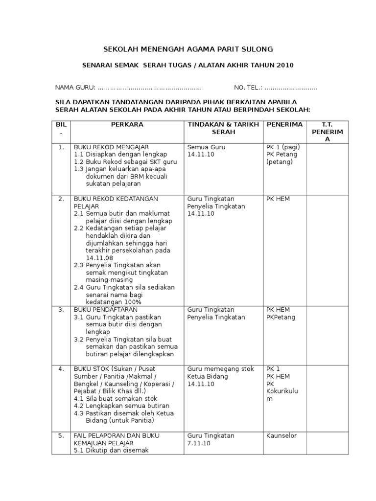 Senarai Semak Serah Tugas Atau Alatan Akhir Tahun