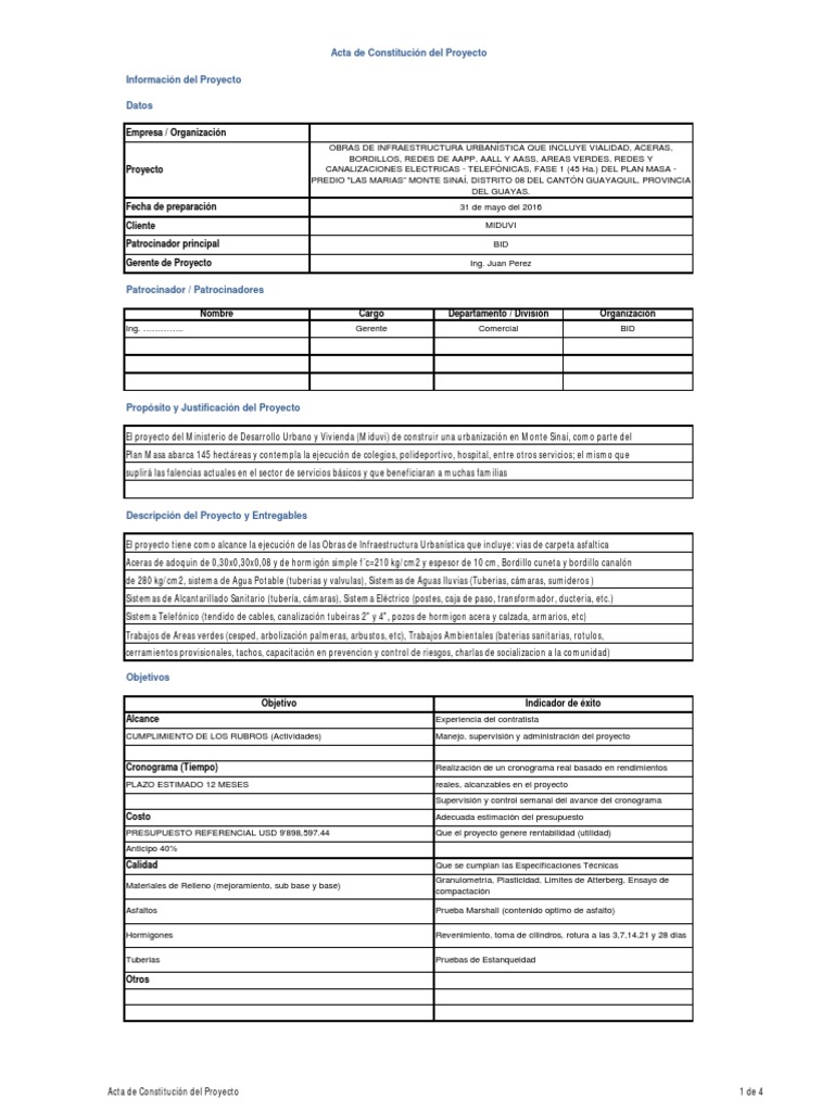 Acta de Constitucion Del Proyecto BID (MODELO) | PDF | Presupuesto ...