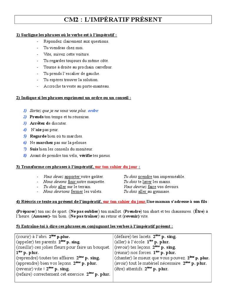 Impératif Présent Exercices à Imprimer Exo Imperatif Present 1 CM | PDF