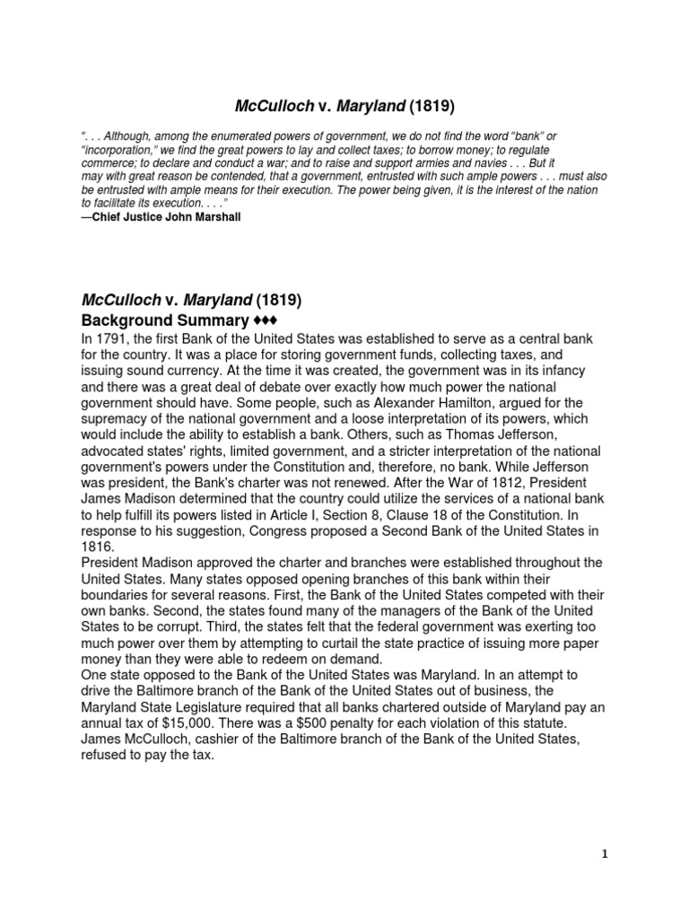 McCulloch vs Maryland Case Brief Enumerated Powers Necessary And