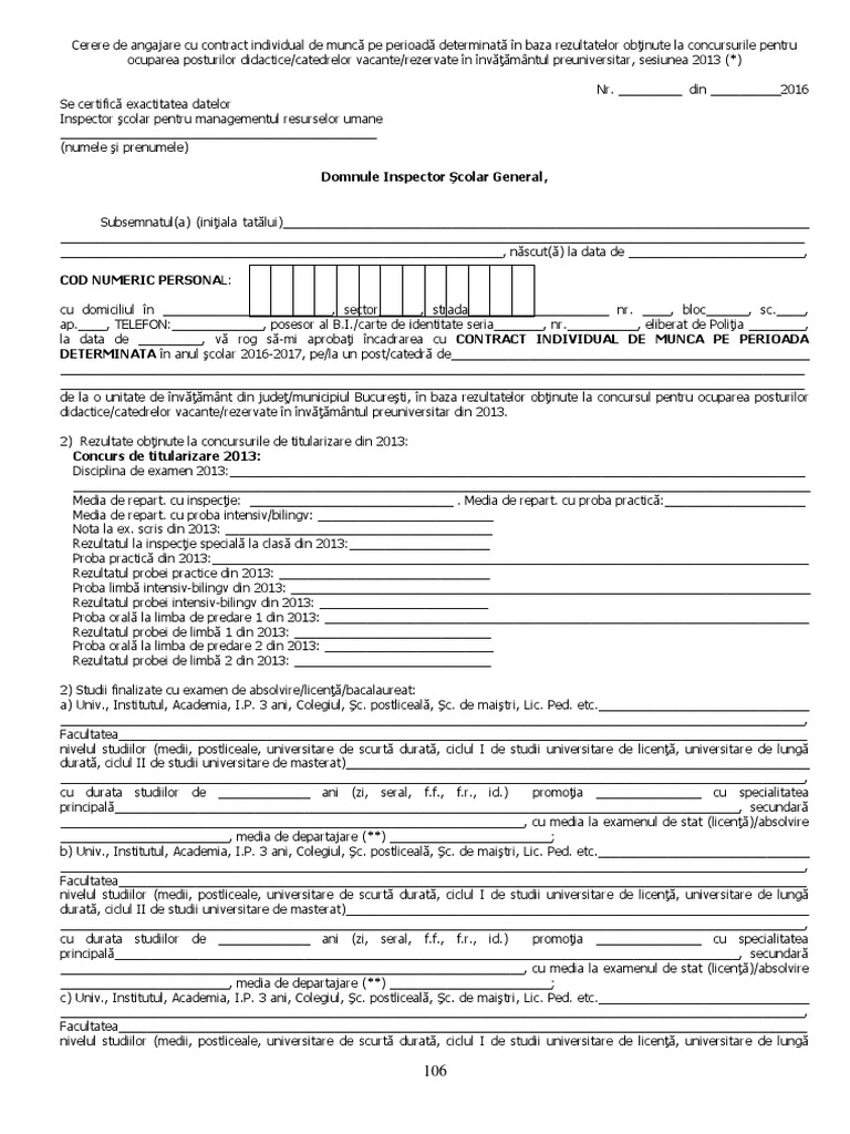Cerere De Angajare Cu Contract Individual De Munca Pe Perioada Determinata In Baza Concursului 2013