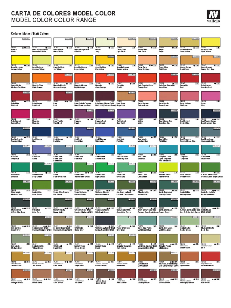 Color chart for model Vallejo.
