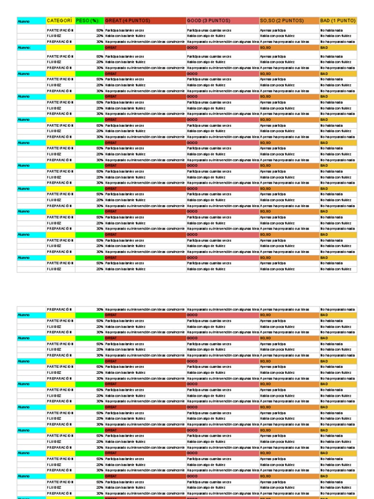 Rubric for a debate (for 30 students) | Ocio