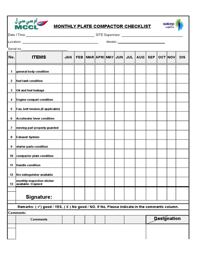 Monthly Plate Compactor Checklist | PDF | Business | Computers