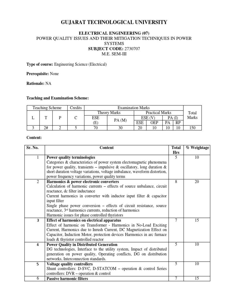 2730707 GTU POWER QUALITY SYLLABUS Power Electronics Electric Power