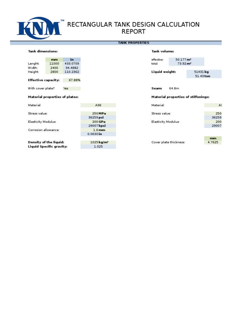 Rectangular Tank Calculation PDF Beam (Structure) Stress (Mechanics)