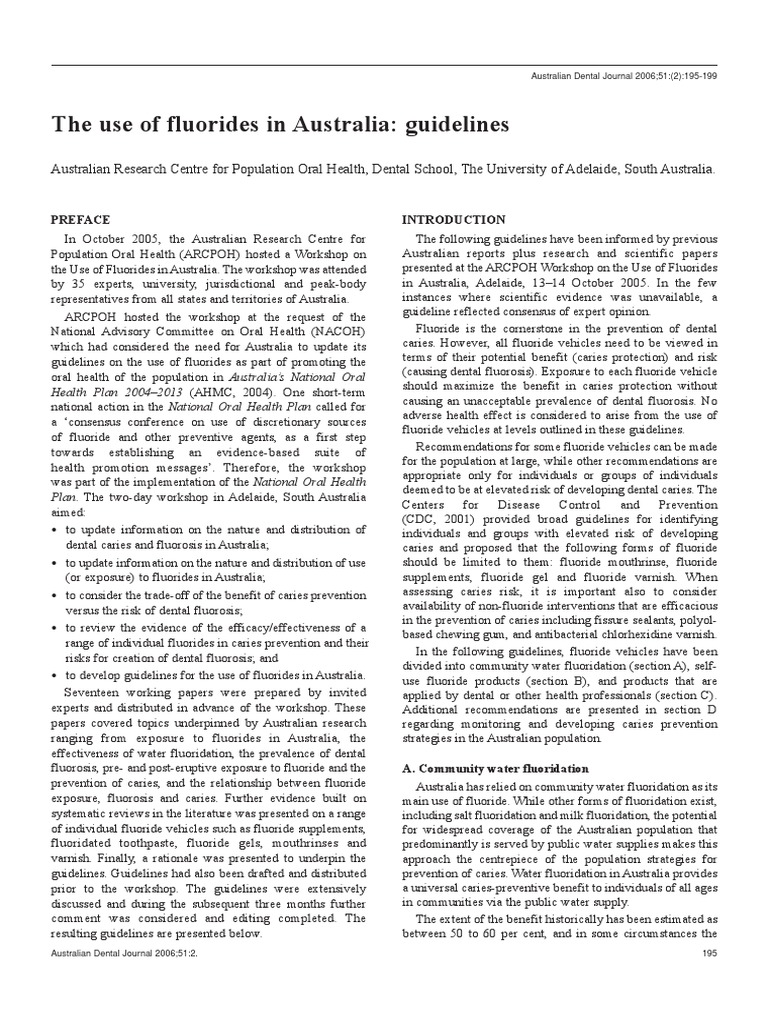 The Use of Fluoride in Australia, Guidelines Fluoride Human Tooth