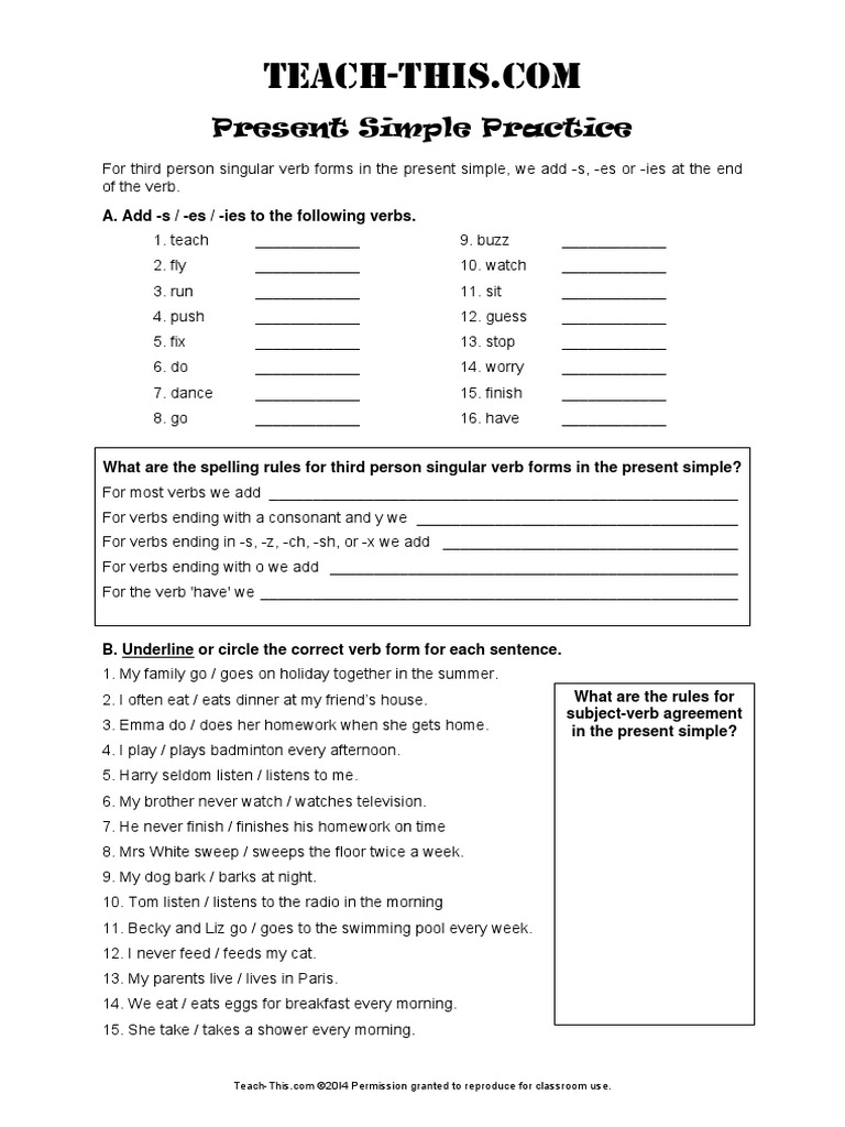 Present Simple Practice | PDF | Verb | Syntax