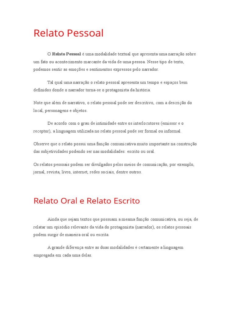 Estrutura e Exemplos de Relato Pessoal | PDF | Narração | Tempo gramatical