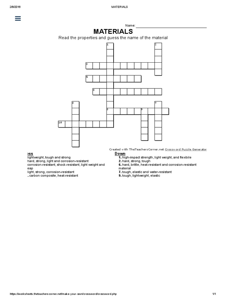 MATERIALS Crossword PDF