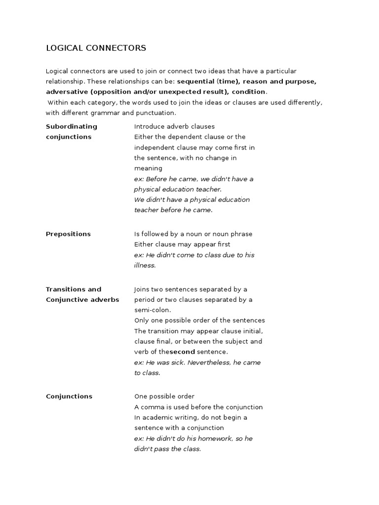 Logical Connectors | PDF | Adverb | Sentence (Linguistics)