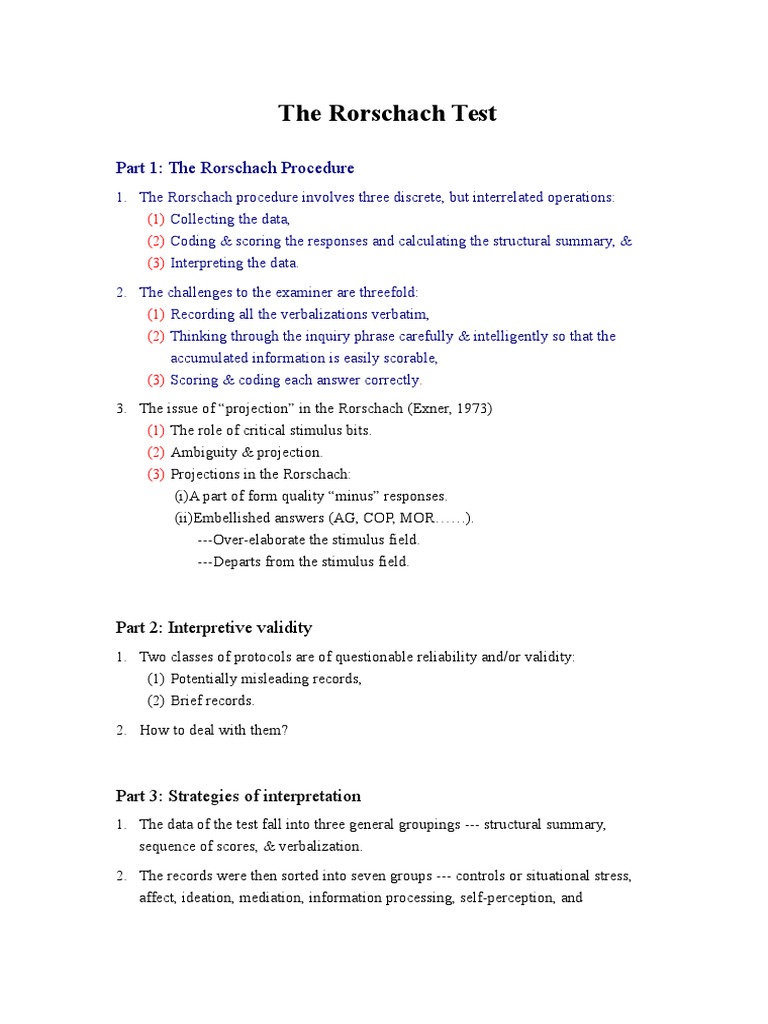Rorschach Test: Procedure and Interpretation | PDF