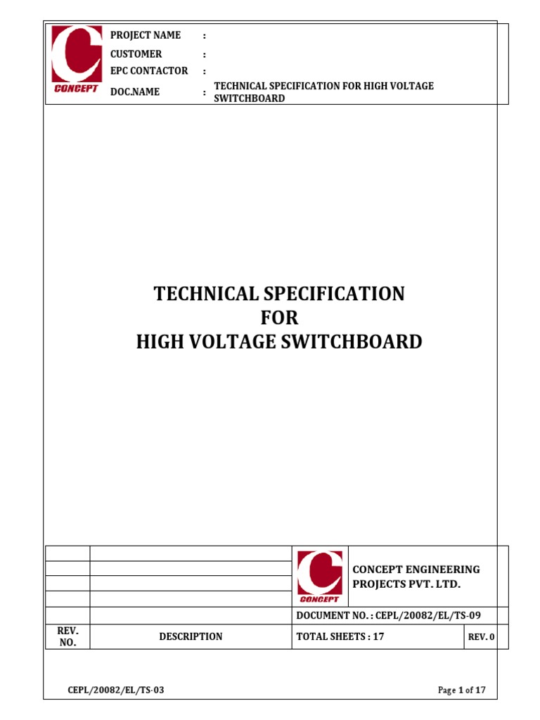High Voltage Switchboard Specification | PDF | Relay | Electrical Wiring