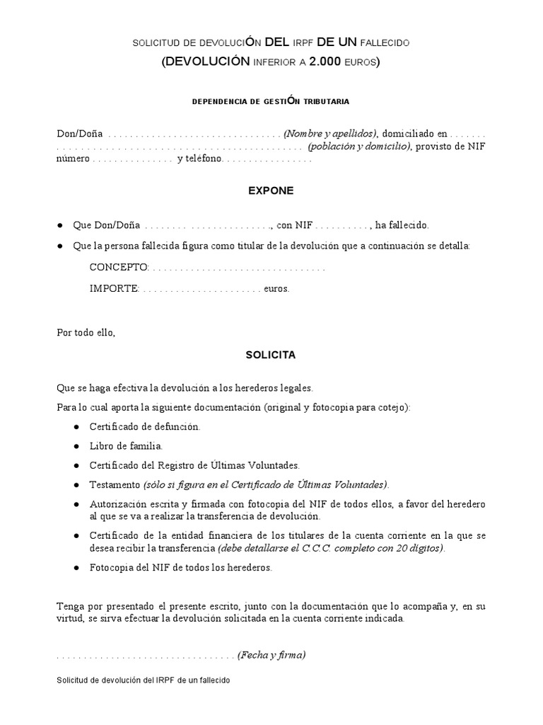Solicitud de DevoluciÓn DEL Irpf de UN Fallecido | PDF | Derecho