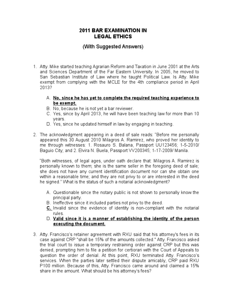 20112012 Bar Examination in Legal Ethics With Answer Lawyer Prosecutor