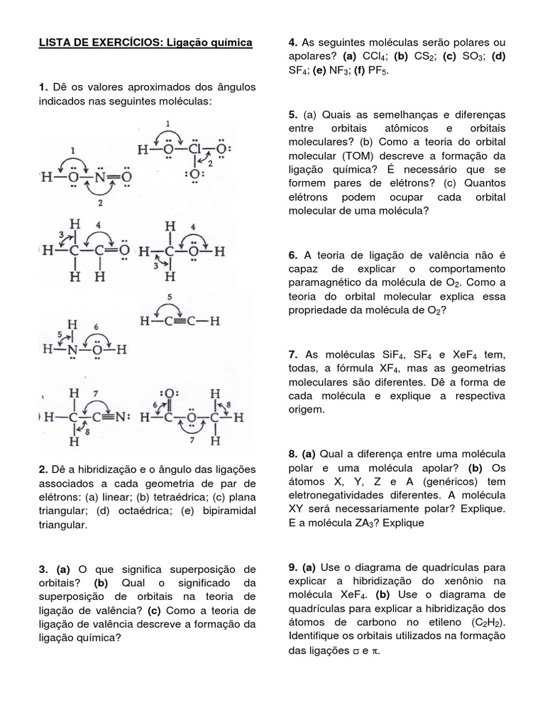Lista de Exercicios - Ligacao Quimica | PDF | Orbital molecular | Moléculas