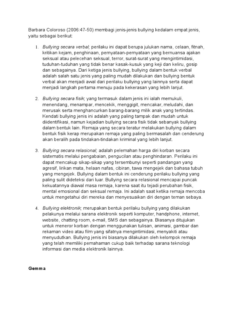 Jenis-Jenis Bullying Menurut Coloroso | PDF | Penyalahgunaan Psikologis ...