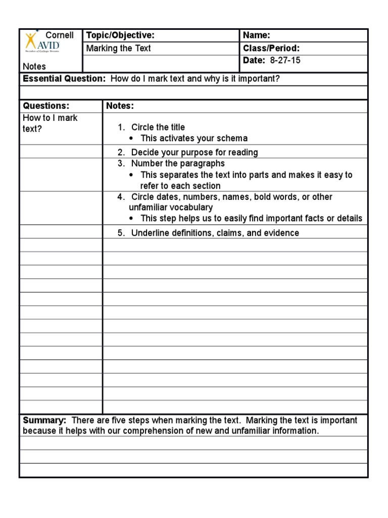 C-Notes-Marking The Text | PDF | Reading Comprehension | Cognition