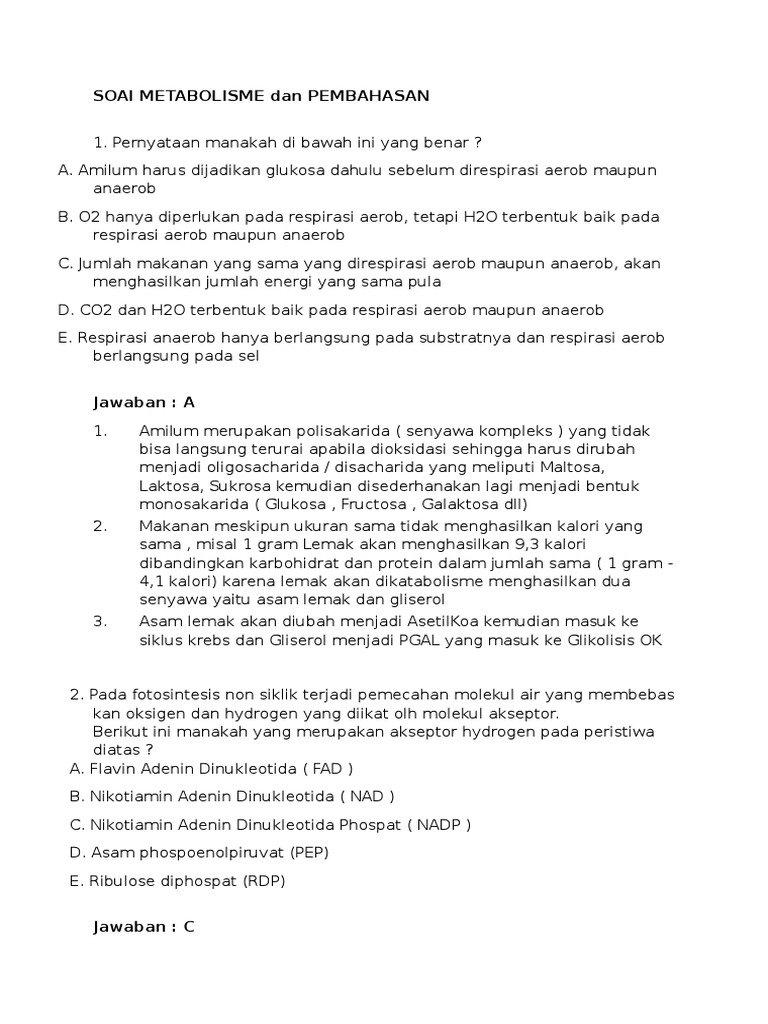 Soal Dan Pembahasan Biologi Metabolisme
