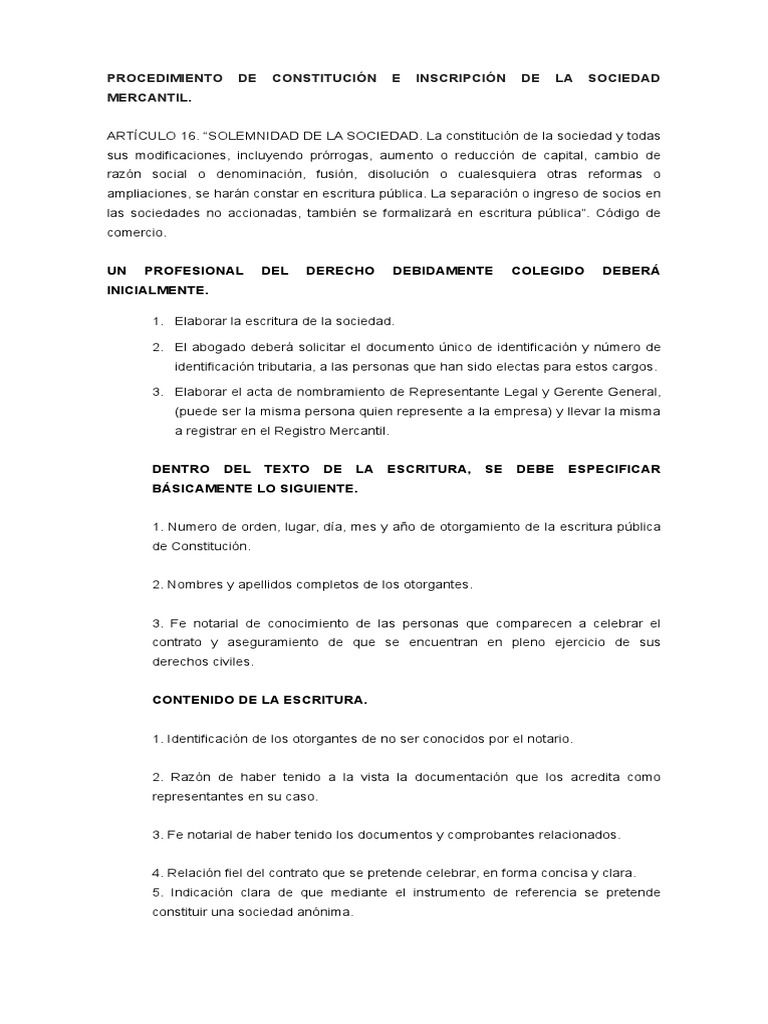 PROCEDIMIENTO DE CONSTITUCIÓN E INSCRIPCIÓN DE LA SOCIEDAD