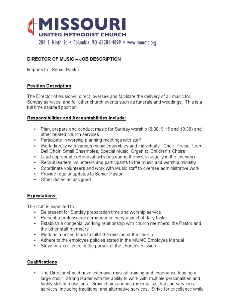 Director of Music Job Description Choir Volunteering