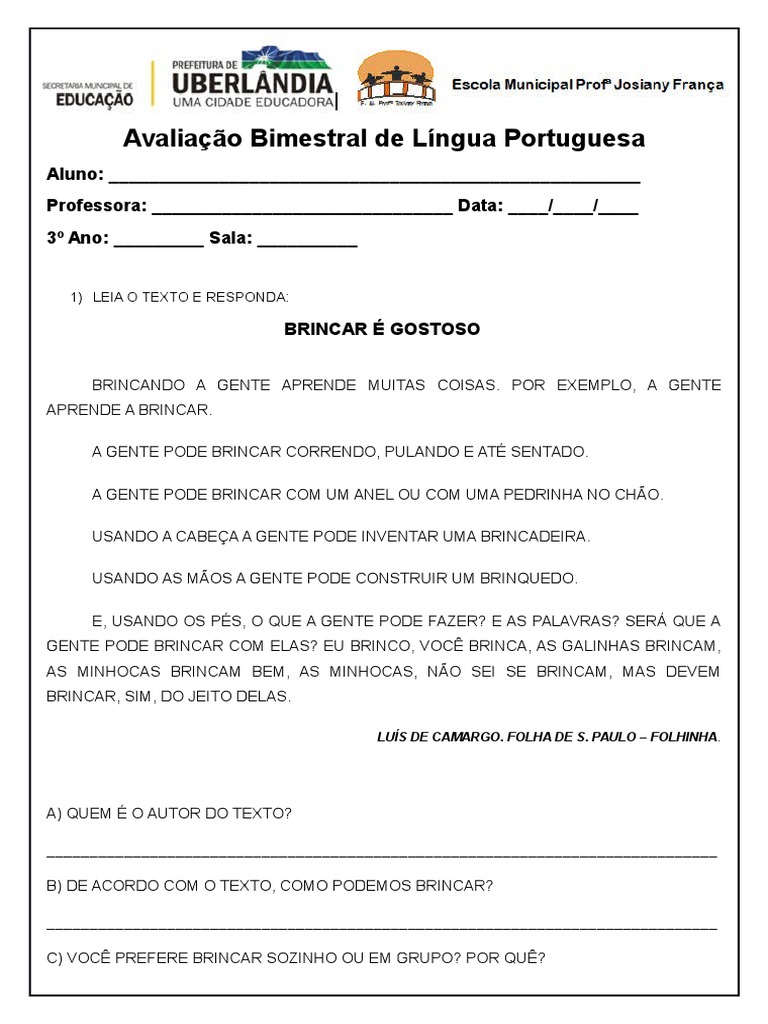 Avaliação de Língua Portuguesa 3º Bimestre | PDF