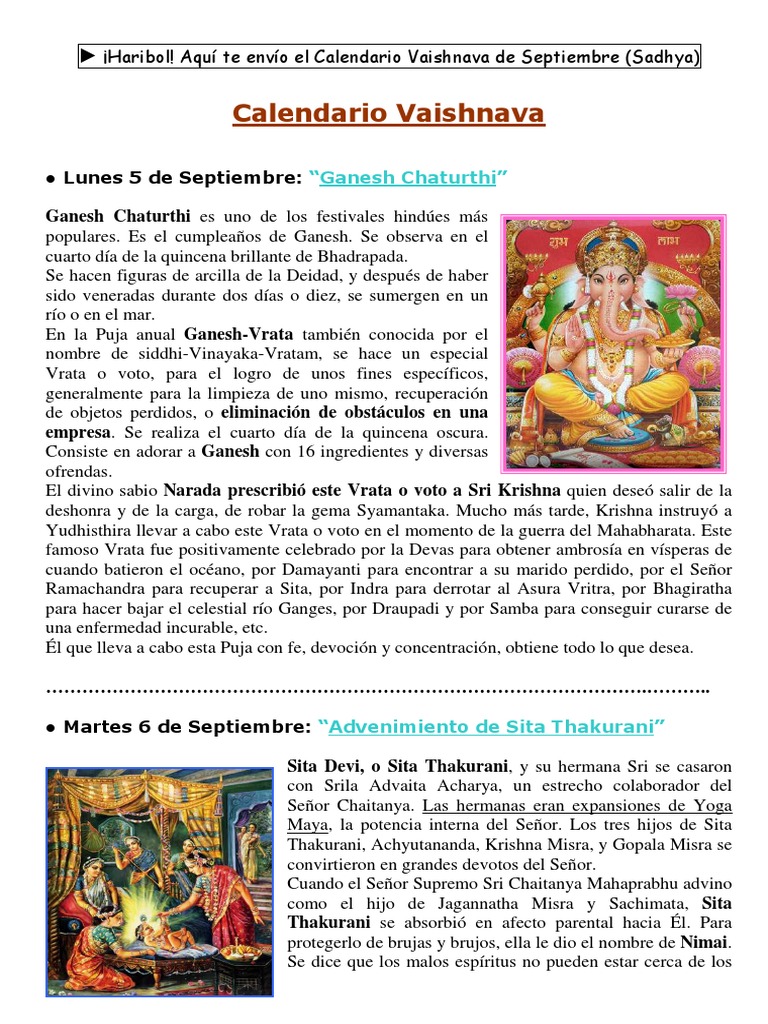 CALENDARIO VAISHNAVA DE SEPTIEMBRE Krishna Mitología hindú Prueba