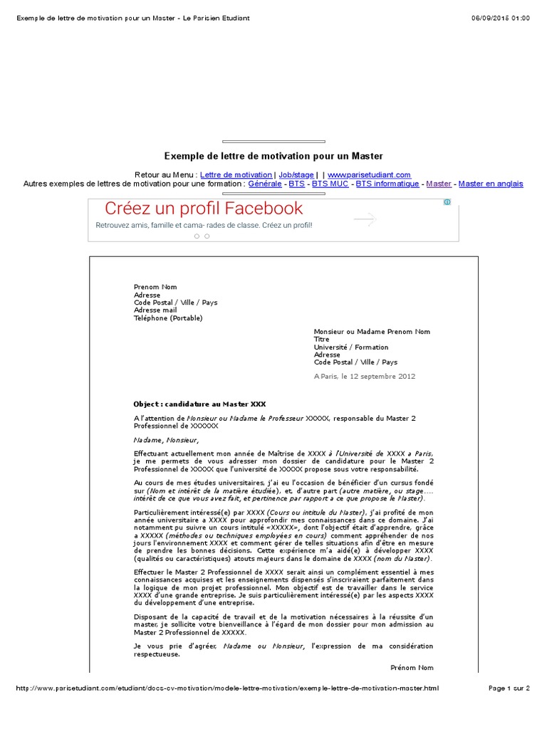 Exemple De Lettre De Motivatifgbon Pour Un Master Le Parisien Etudiant Pdf Universite Business