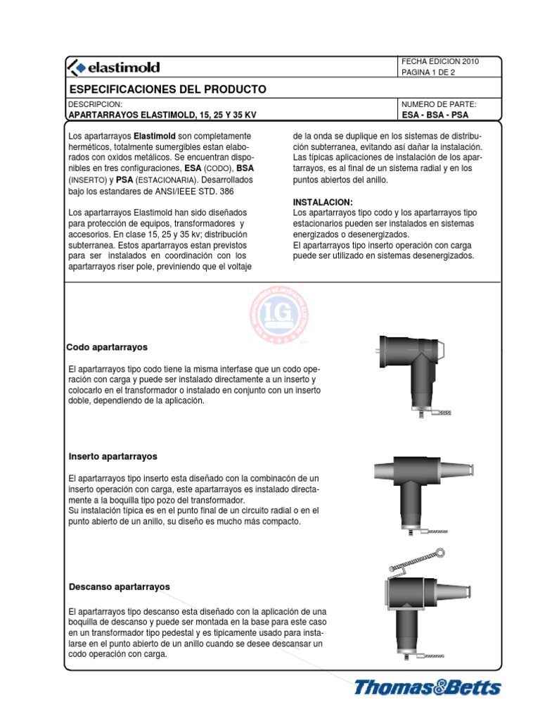 Apartarrayos Elastimold 15-35 kV | PDF | Transformador | Ingenieria ...