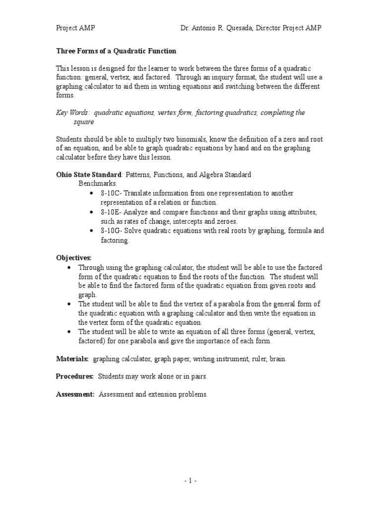 3 Forms Of Quadratic Functions Quadratic Equation
