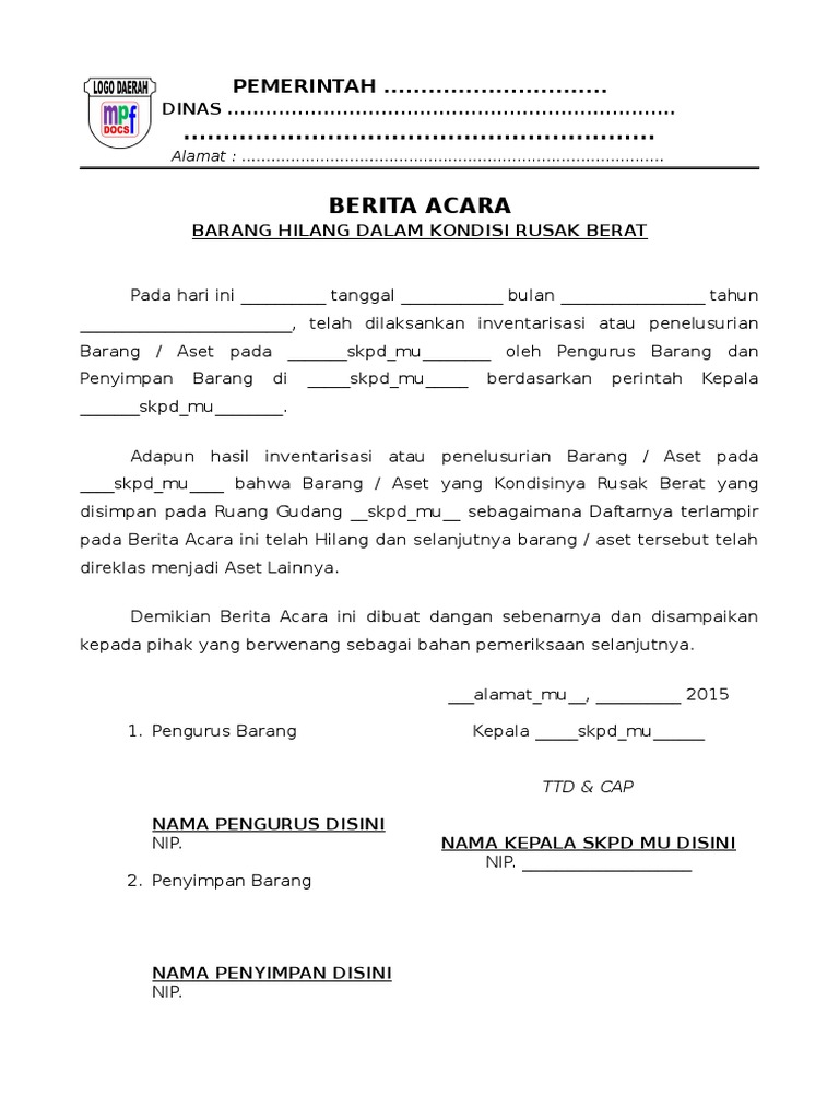Berita Acara Barang Aset Hilang Kondisi Rusak Berat - Word