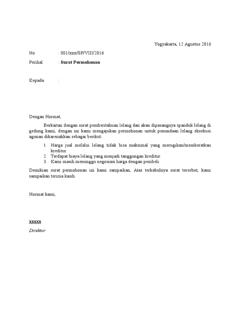 Surat Permohonan Pendundaan Lelang
