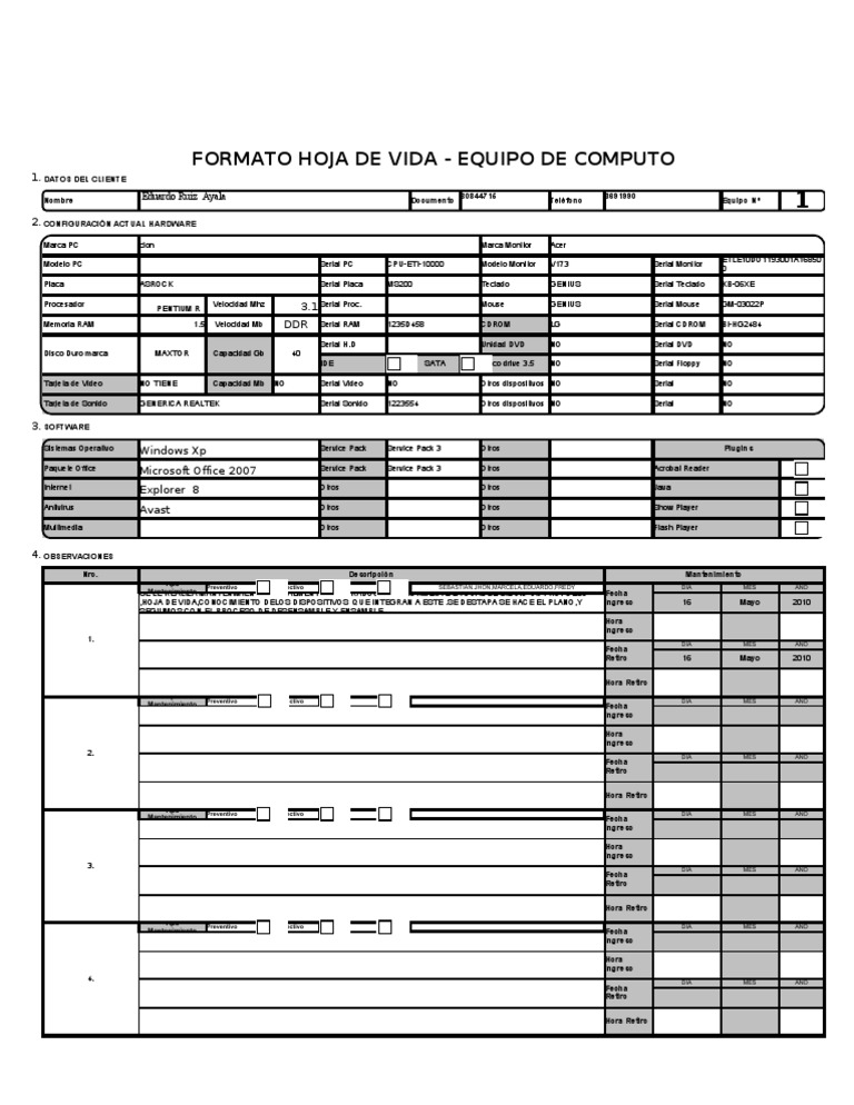 Formato Hoja de Vida Equipos de Cómputo | PDF | Plataformas de ...