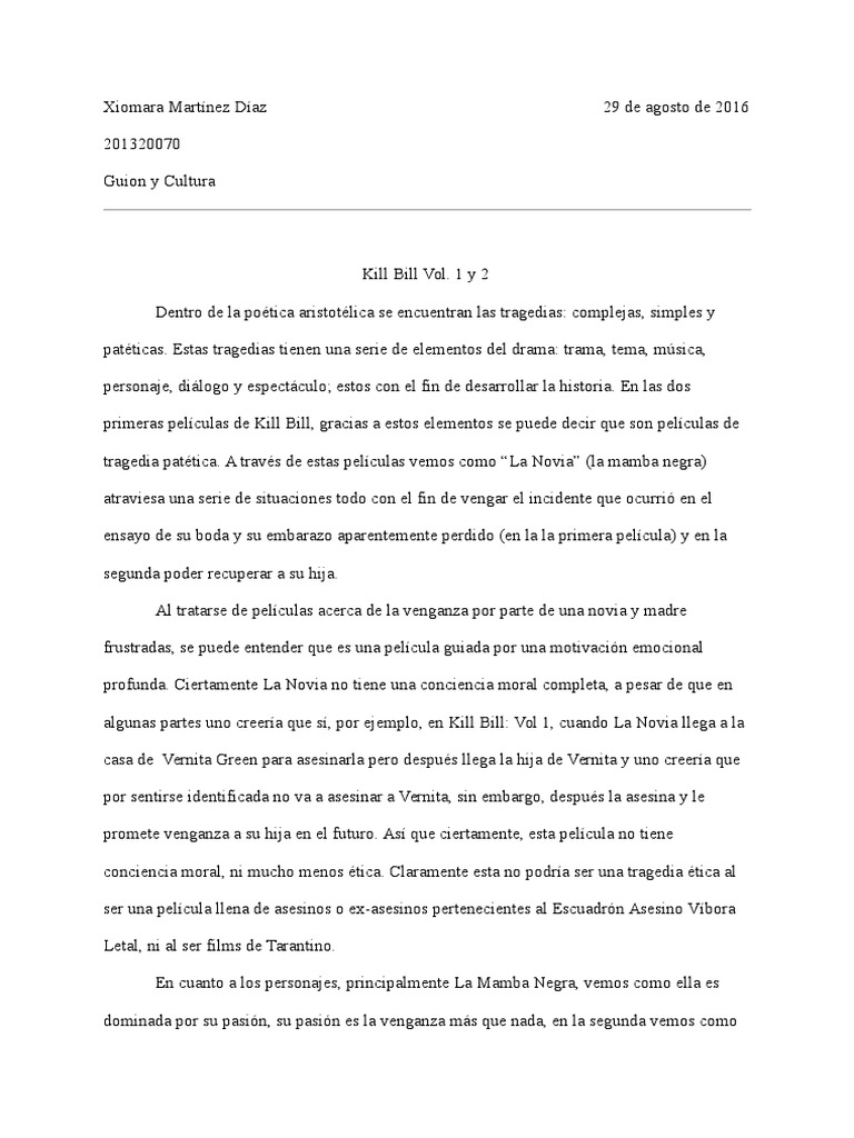 Análisis de Kill Bill Vol 1 y Vol 2 | PDF | Poética (Aristóteles ...