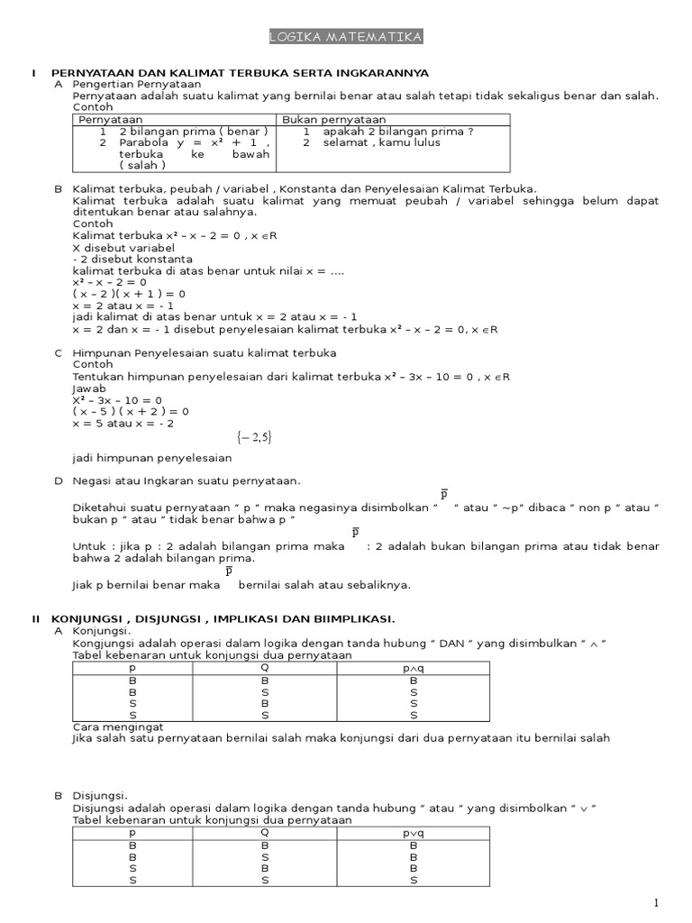 Modul Kelas Xi Mat Wajib Logika Matematika | PDF