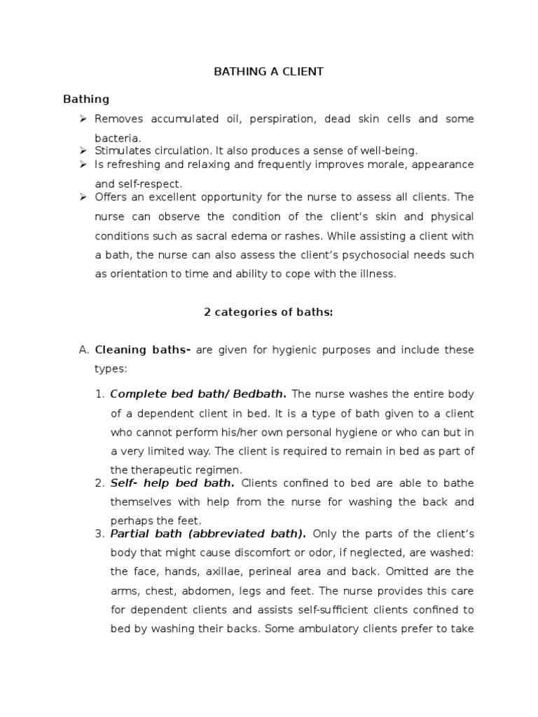 Client Bathing Procedures Explained | PDF | Bathing | Hygiene