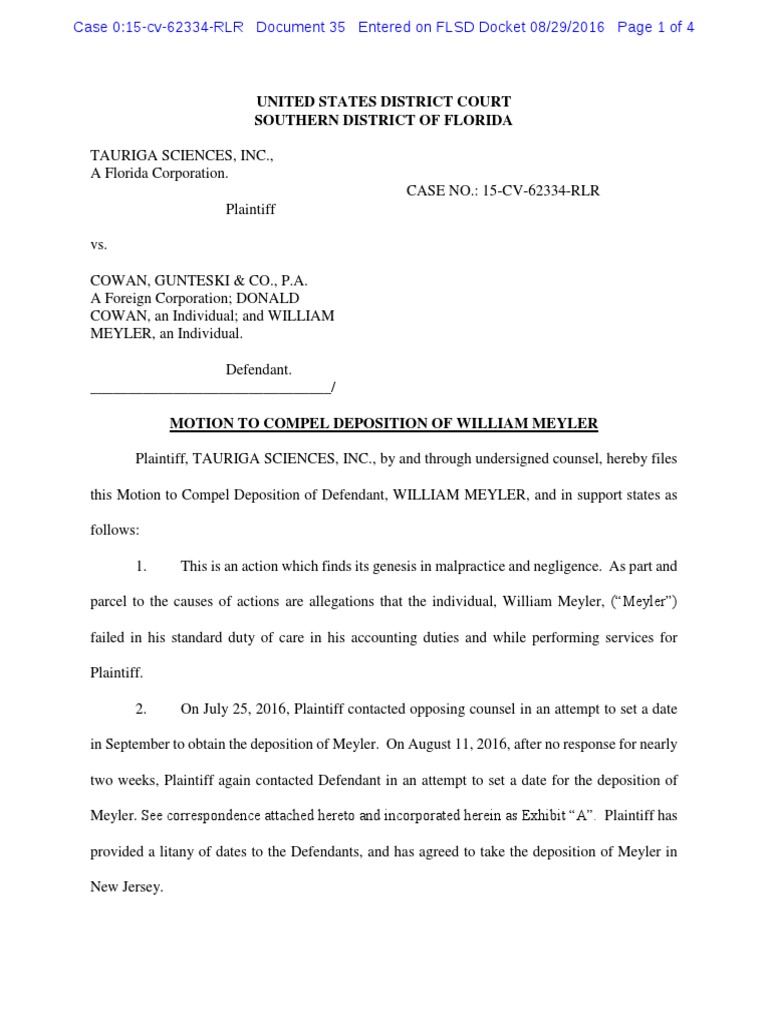 Motion To Compel Deposition of William Meyler PDF Cm/Ecf Deposition (Law)