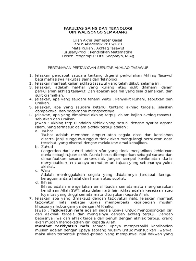 Soal Uas Akhlak Tasawuf Smtgnap 2015 2016