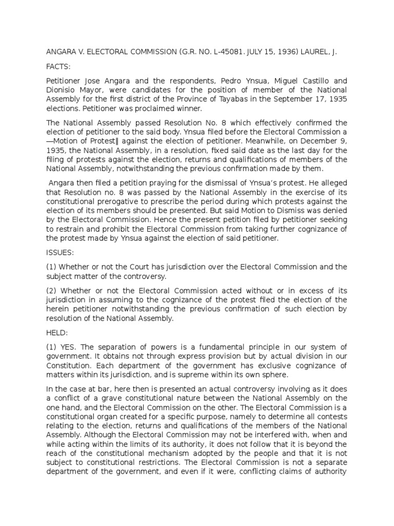 Angara v. Electoral Commission Summary | PDF | Constitution | Public Sphere