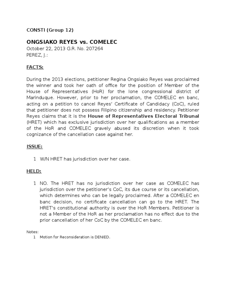 OngsiakoReyes V COMELEC Case Digest PDF