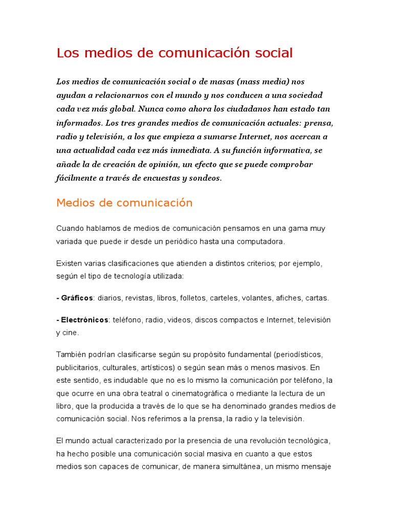 Los Medios de Comunicación Social | PDF | Medios de comunicación en ...