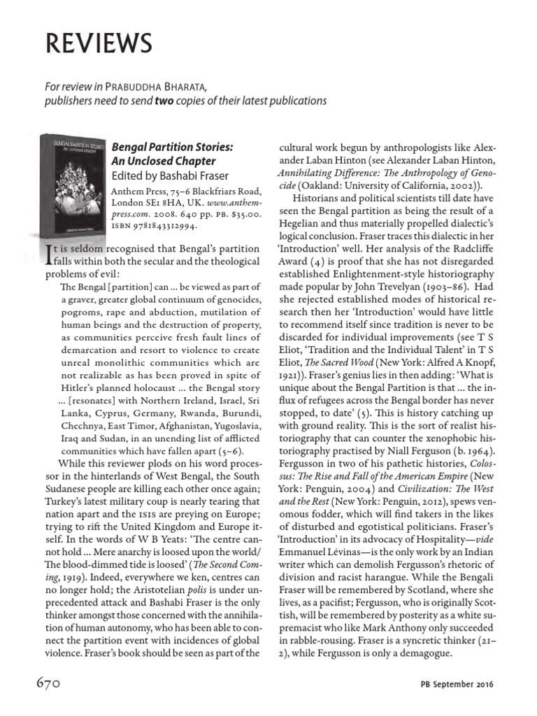 Review of Bengal Partition Stories An Unclosed Chapter edited by