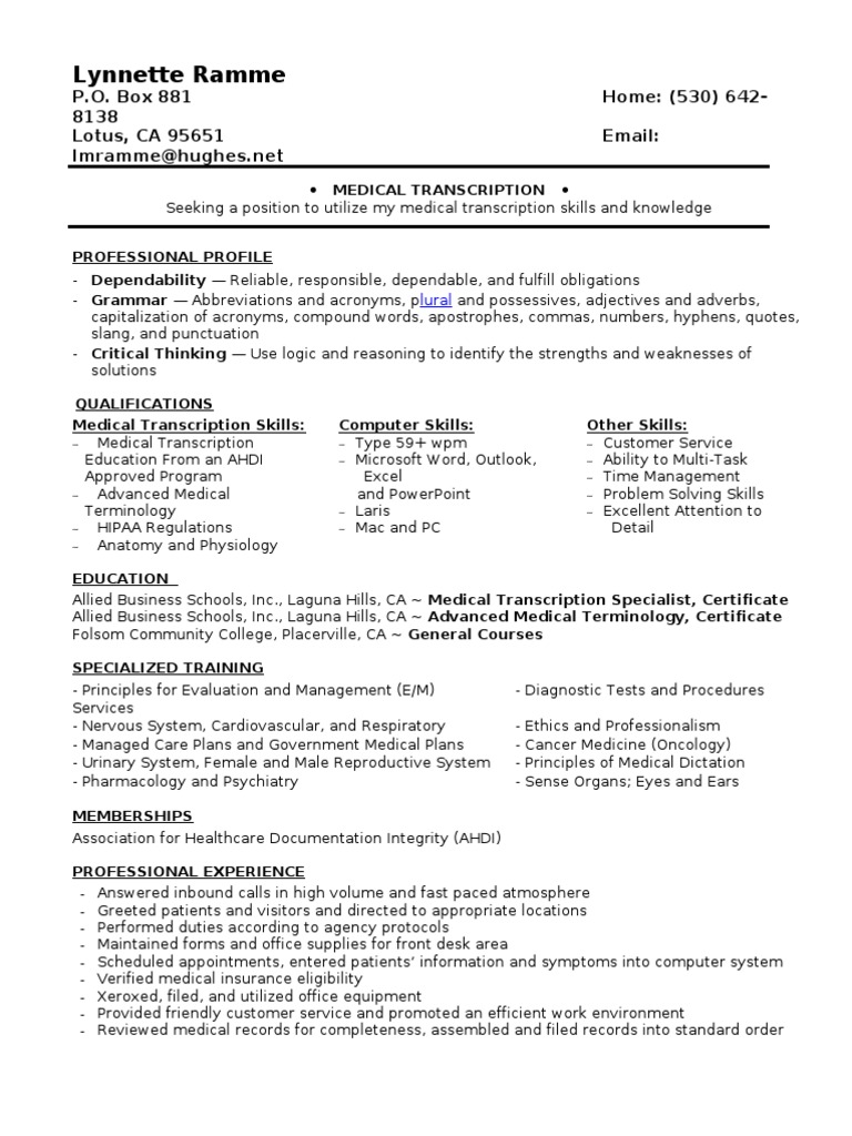 Medical Transcription Specialist Resume | PDF | Medicine | Health Care
